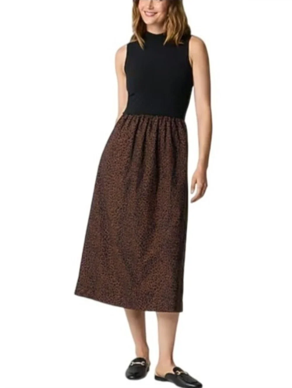 Nwt J. Crew Printed Mockneck  Mixed-media Dress Black Brown Animal Print Med